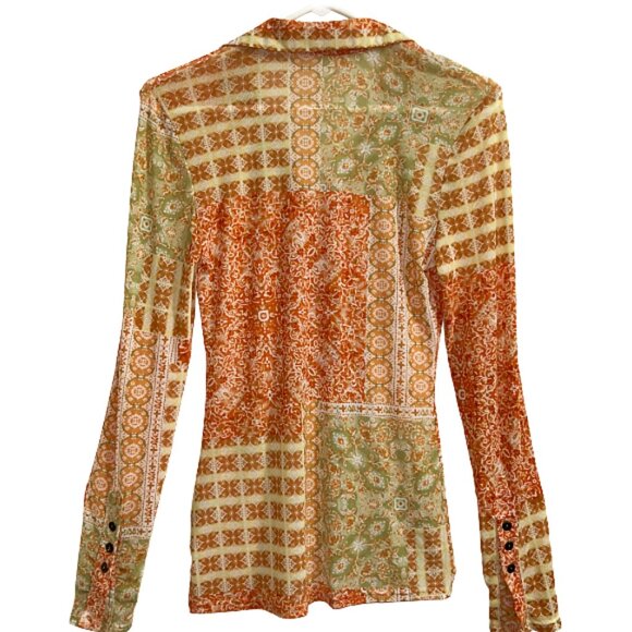 Selfie Leslie Milla Button Up Sheer Blouse Orange Long Sleeve Top Size Small - Picture 7 of 8